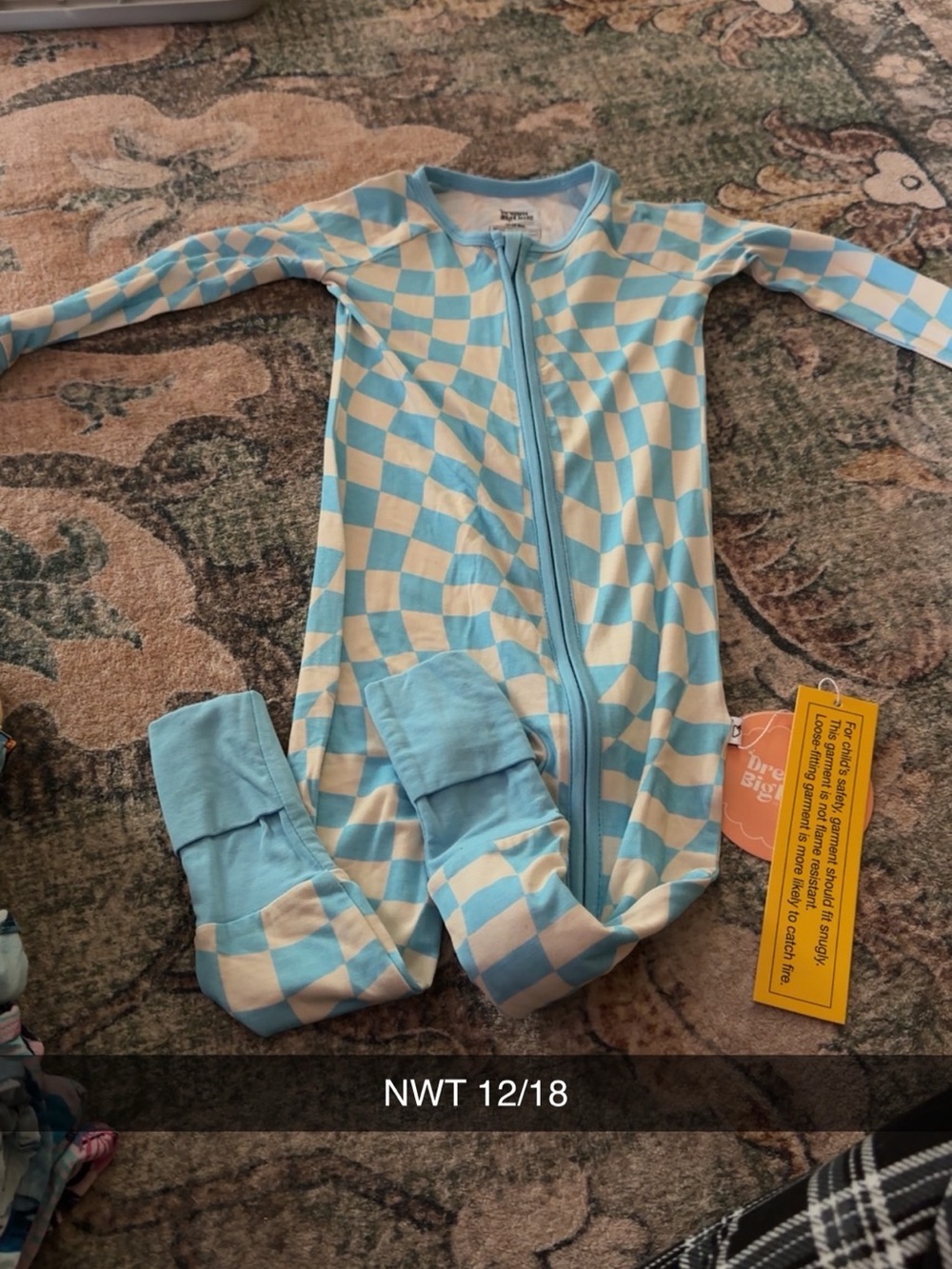 Checkerprint Blue & Cream Footed Baby One-Piece with Zipper